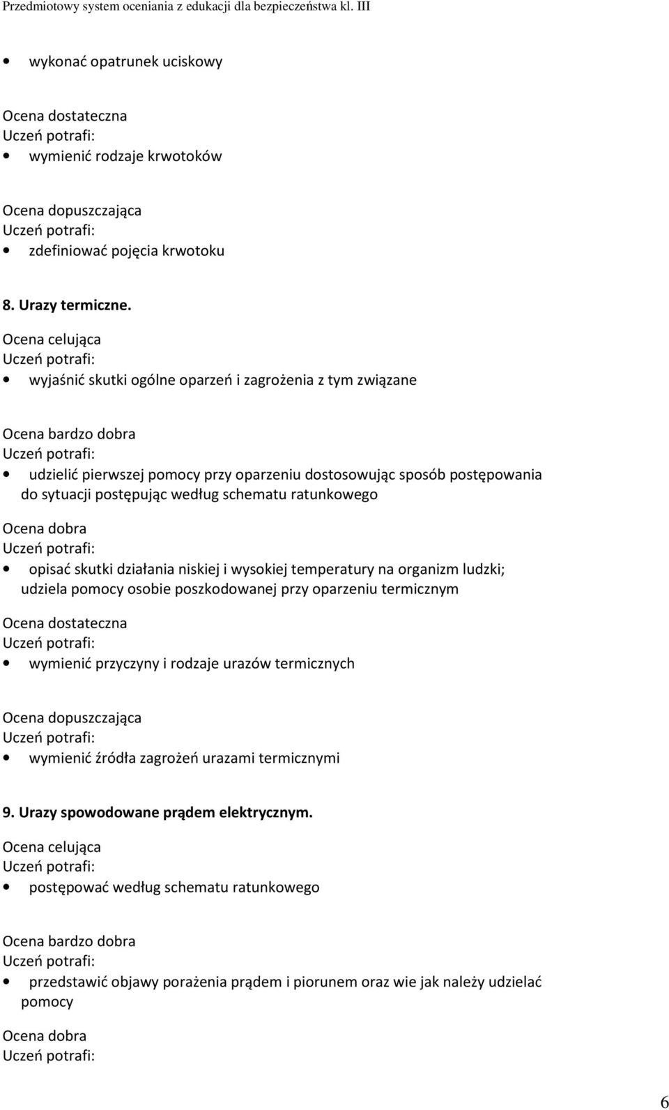 schematu ratunkowego opisać skutki działania niskiej i wysokiej temperatury na organizm ludzki; udziela pomocy osobie poszkodowanej przy oparzeniu termicznym wymienić