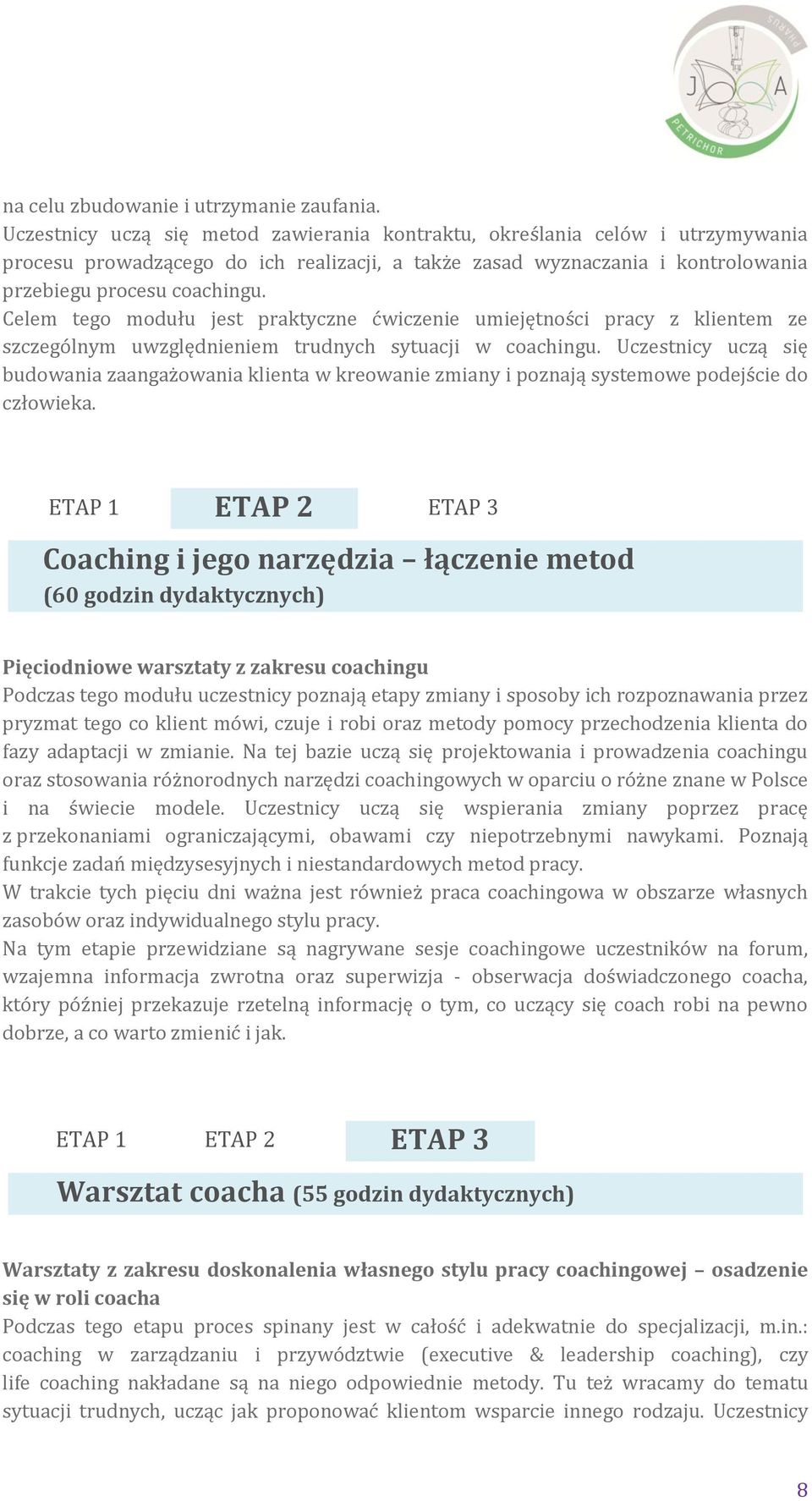 Celem tego modułu jest praktyczne ćwiczenie umiejętności pracy z klientem ze szczególnym uwzględnieniem trudnych sytuacji w coachingu.