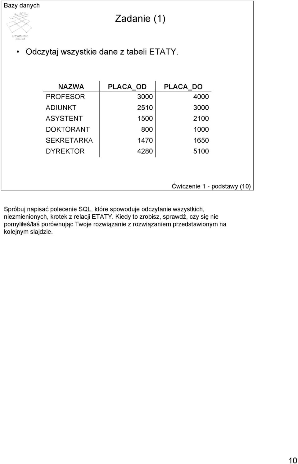 3000 2100 1000 1650 5100 Ćwiczenie 1 - podstawy (10) Spróbuj napisać polecenie SQL, które spowoduje odczytanie