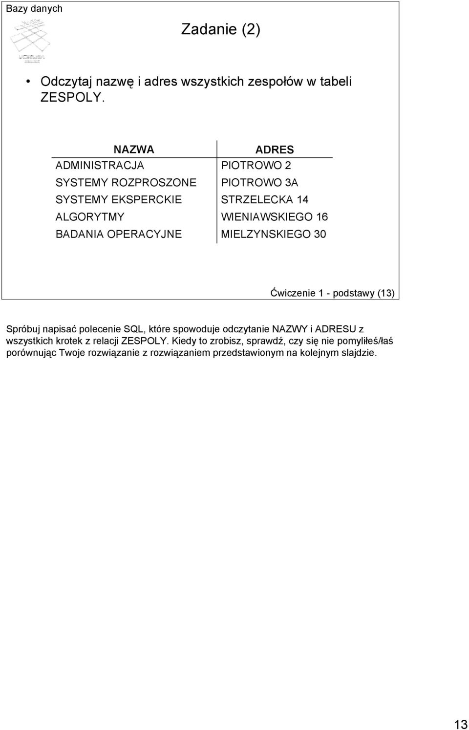 14 WIENIAWSKIEGO 16 MIELZYNSKIEGO 30 Ćwiczenie 1 - podstawy (13) Spróbuj napisać polecenie SQL, które spowoduje odczytanie NAZWY
