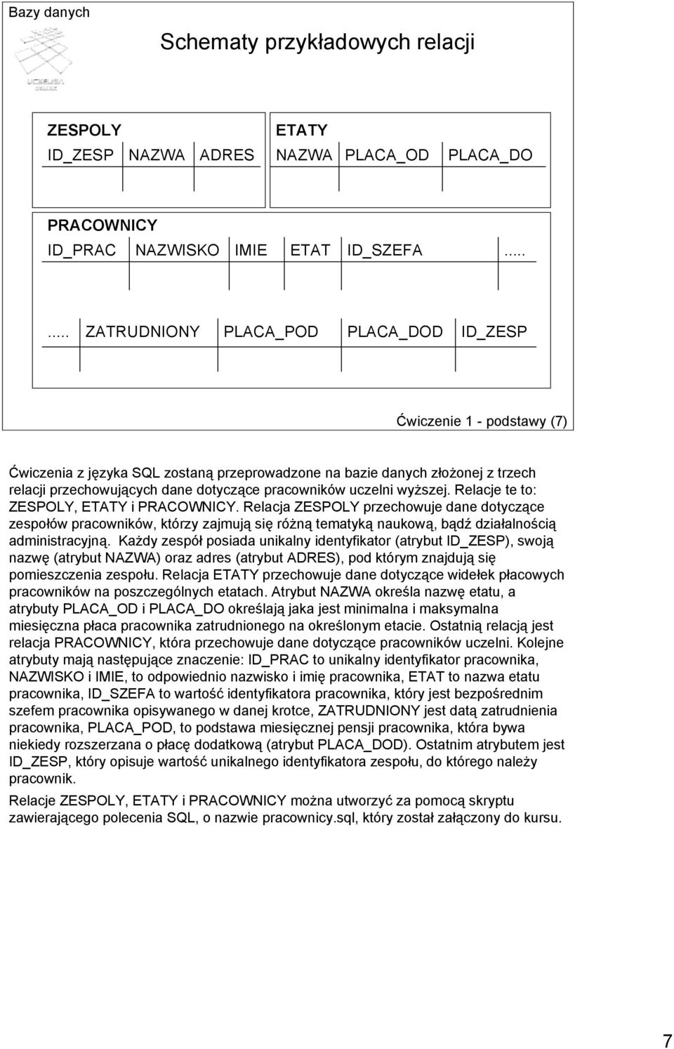 pracowników uczelni wyższej. Relacje te to: ZESPOLY, ETATY i PRACOWNICY.