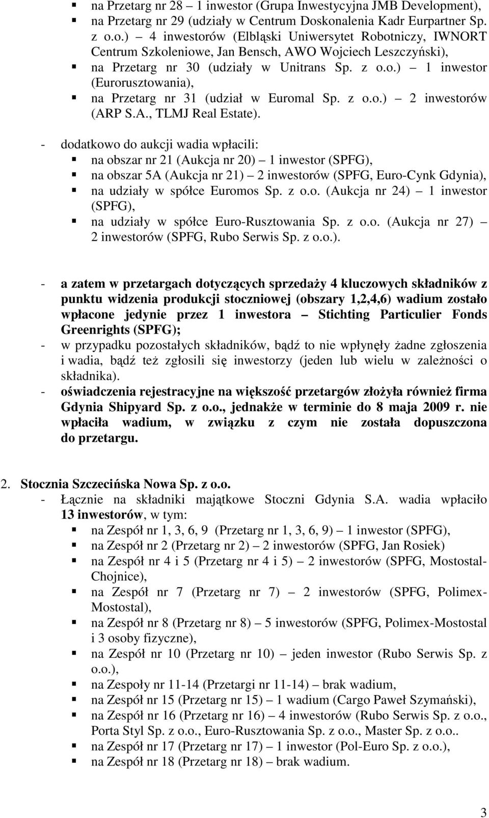 - dodatkowo do aukcji wadia wpłacili: na obszar nr 21 (Aukcja nr 20) 1 inwestor (SPFG), na obszar 5A (Aukcja nr 21) 2 inwestorów (SPFG, Euro-Cynk Gdynia), na udziały w spółce Euromos Sp. z o.o. (Aukcja nr 24) 1 inwestor (SPFG), na udziały w spółce Euro-Rusztowania Sp.