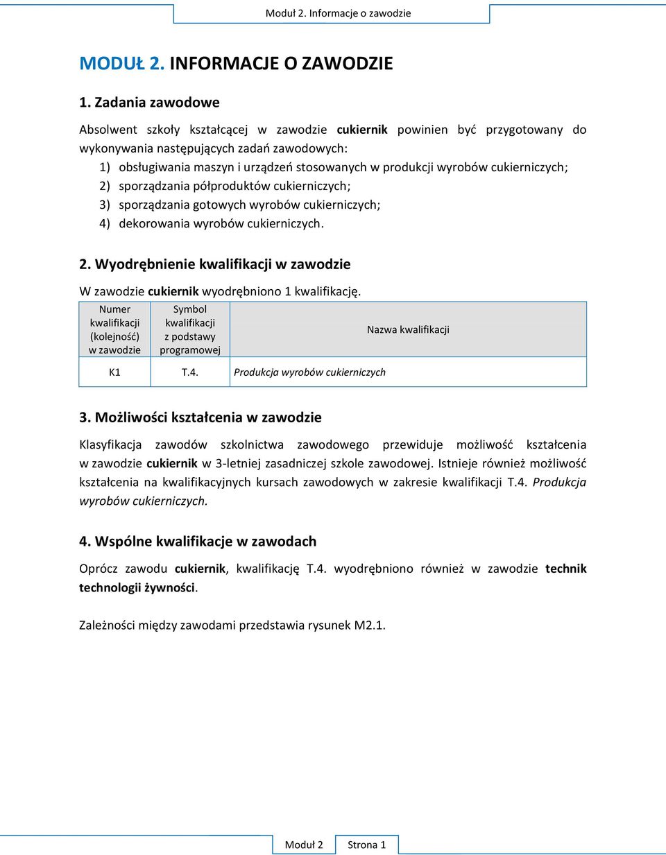 wyrobów cukierniczych; 2) sporządzania półproduktów cukierniczych; 3) sporządzania gotowych wyrobów cukierniczych; 4) dekorowania wyrobów cukierniczych. 2. Wyodrębnienie kwalifikacji w zawodzie W zawodzie cukiernik wyodrębniono 1 kwalifikację.