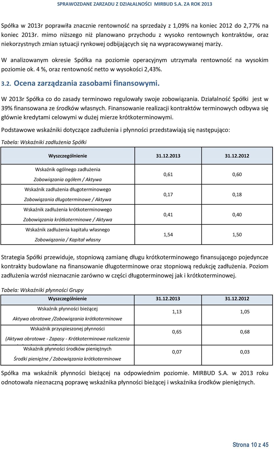 W analizowanym okresie Spółka na poziomie operacyjnym utrzymała rentowność na wysokim poziomie ok. 4 %, oraz rentowność netto w wysokości 2,43%. 3.2. Ocena zarządzania zasobami finansowymi.