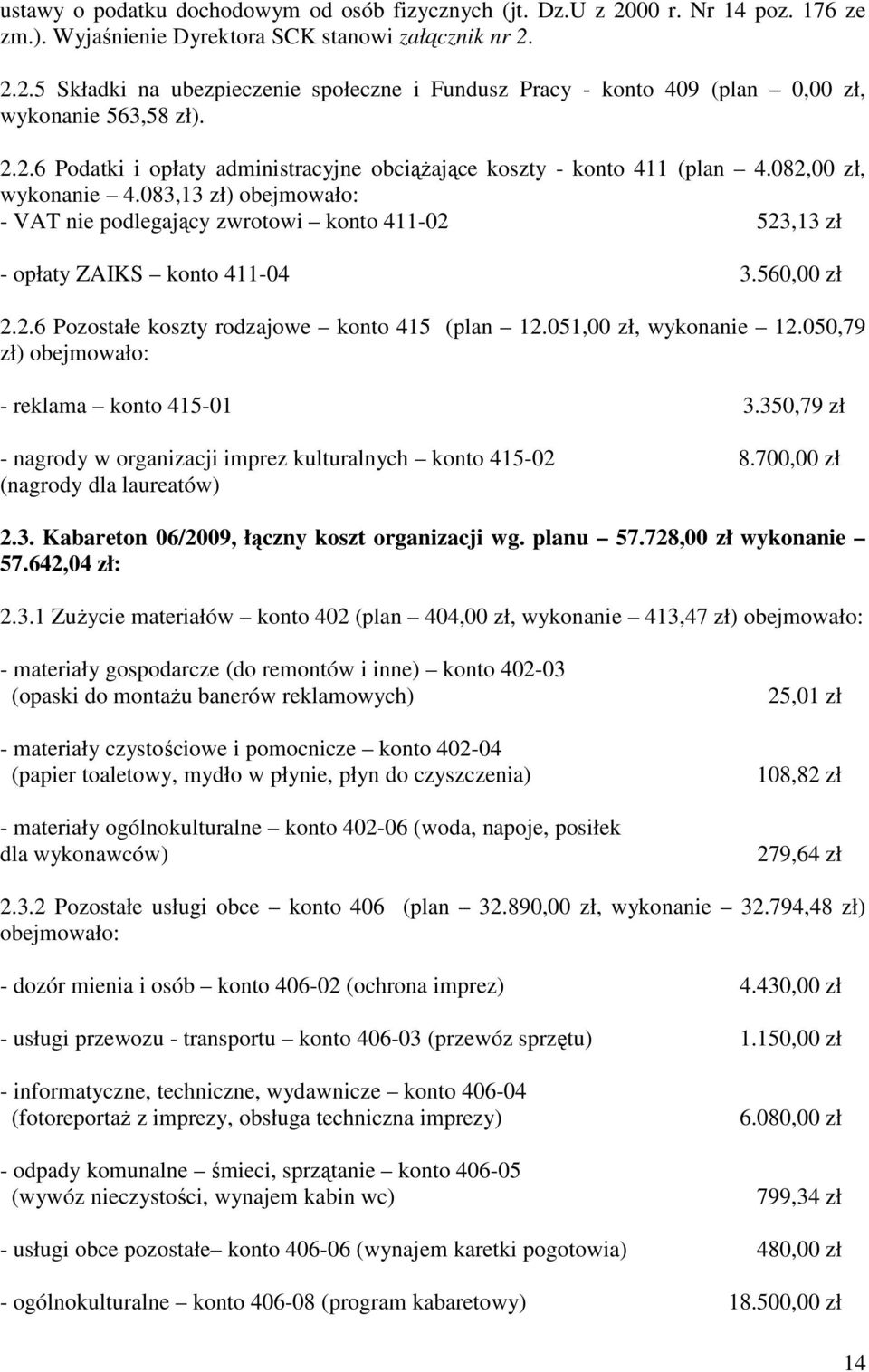 560,00 zł 2.2.6 Pozostałe koszty rodzajowe konto 415 (plan 12.051,00 zł, wykonanie 12.050,79 zł) - reklama konto 415-01 3.350,79 zł - nagrody w organizacji imprez kulturalnych konto 415-02 8.