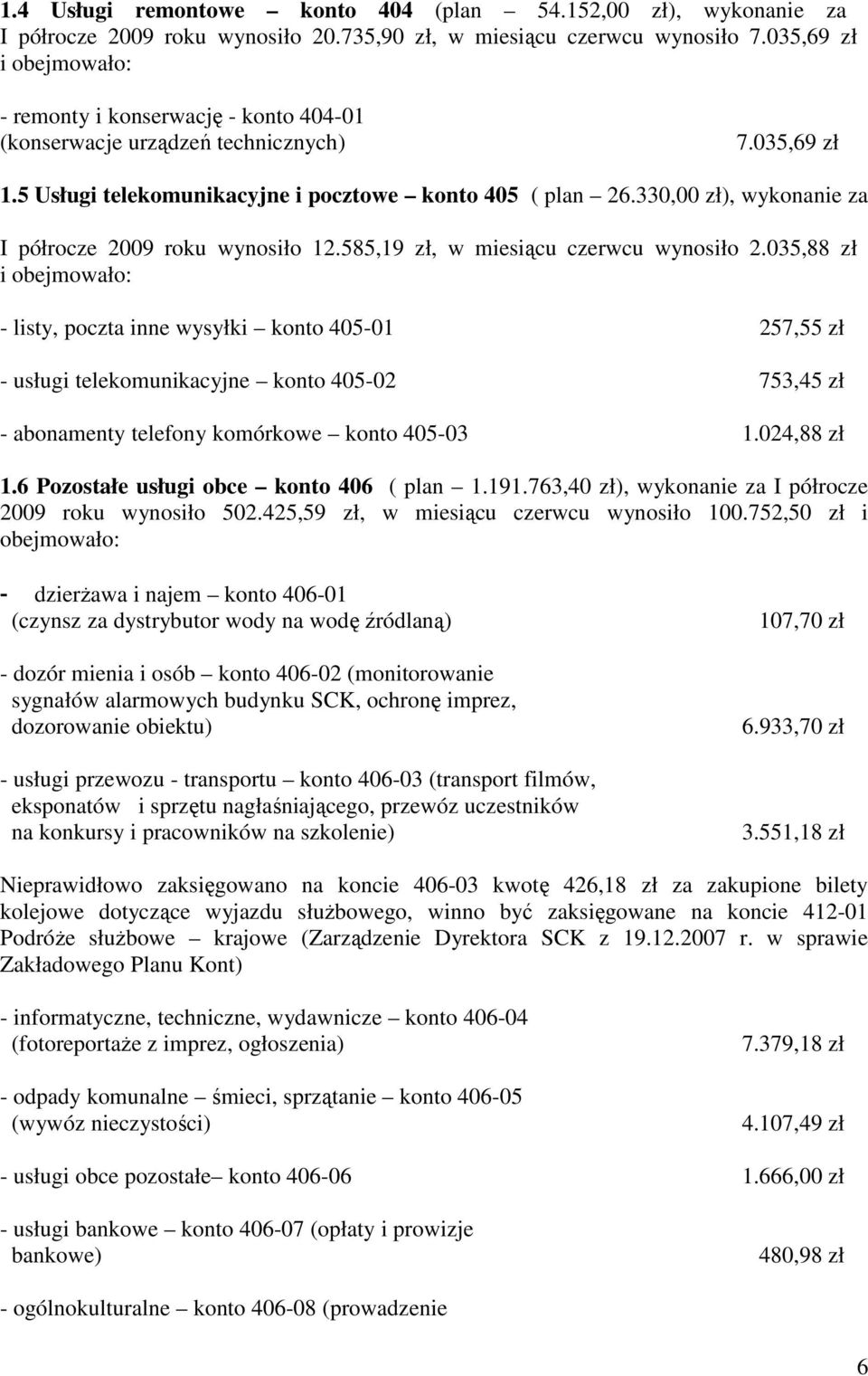 330,00 zł), wykonanie za I półrocze 2009 roku wynosiło 12.585,19 zł, w miesiącu czerwcu wynosiło 2.
