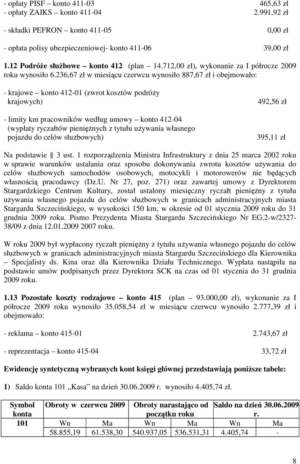 236,67 zł w miesiącu czerwcu wynosiło 887,67 zł i - krajowe konto 412-01 (zwrot kosztów podróŝy krajowych) - limity km pracowników według umowy konto 412-04 (wypłaty ryczałtów pienięŝnych z tytułu