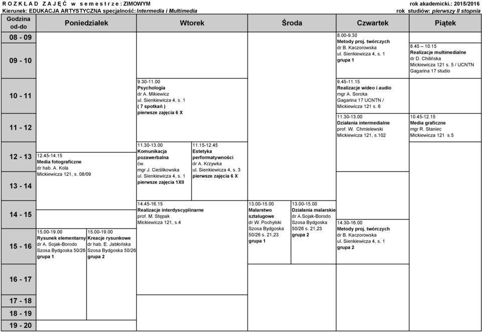 00 Psychologia dr A. Mikiewicz ( 7 spotkań ) pierwsze zajęcia 6 X 9.45-11.15 Realizacje wideo i audio mgr A. Soroka Gagarina 17 UCNTN / Mickiewicza 121 s. 6 11.30-13.00 Działania intermedialne prof.