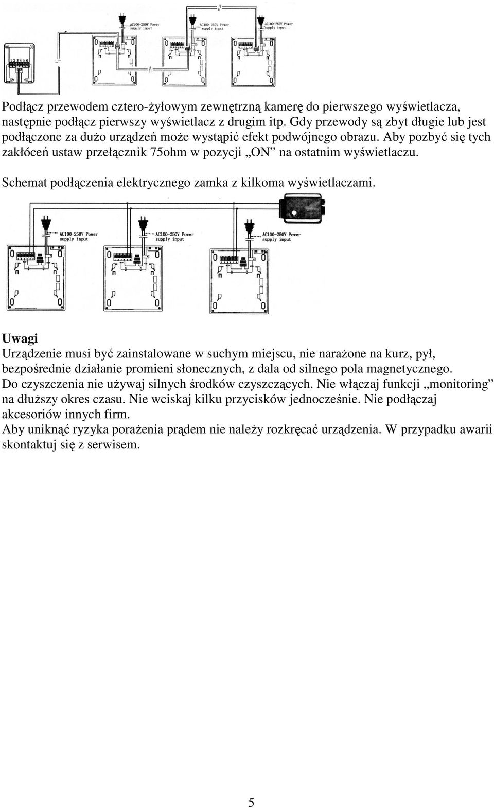 Schemat podłączenia elektrycznego zamka z kilkoma wyświetlaczami.