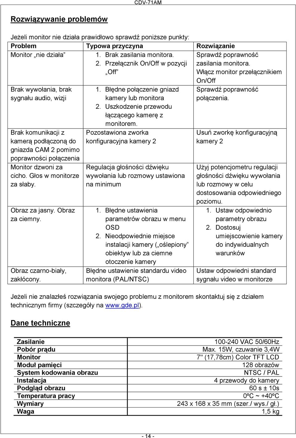 Włącz monitor przełącznikiem On/Off Brak wywołania, brak sygnału audio, wizji Brak komunikacji z kamerą podłączoną do gniazda CAM 2 pomimo poprawności połączenia Monitor dzwoni za cicho.