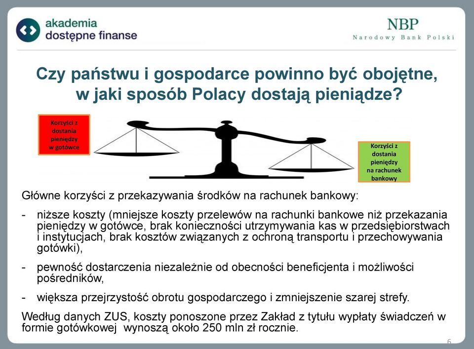 bankowe niż przekazania w gotówce, brak konieczności utrzymywania kas w przedsiębiorstwach i instytucjach, brak kosztów związanych z ochroną transportu i przechowywania gotówki), -