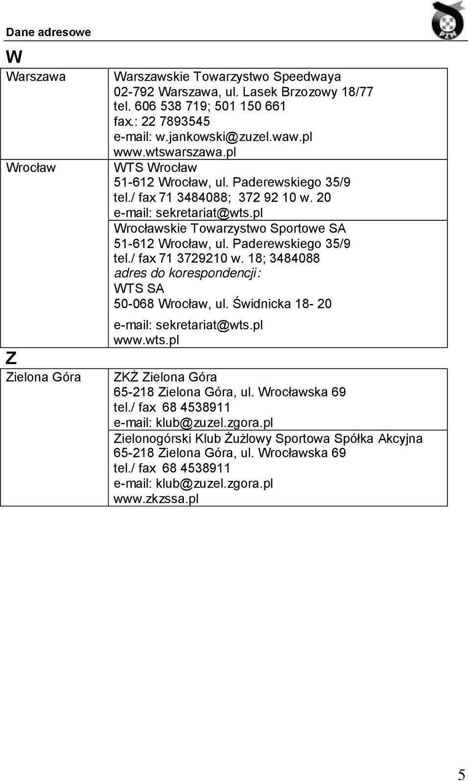 Paderewskiego 35/9 tel./ fax 71 3729210 w. 18; 3484088 adres do korespondencji: WTS SA 50-068 Wrocław, ul. Świdnicka 18-20 e-mail: sekretariat@wts.pl www.wts.pl ZKŻ Zielona Góra 65-218 Zielona Góra, ul.