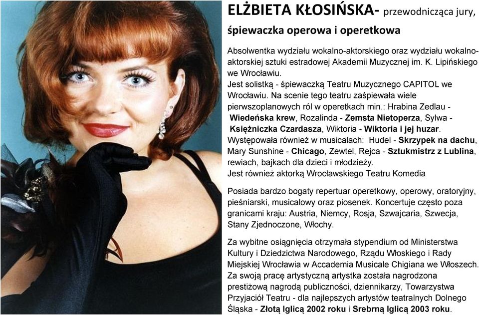 : Hrabina Zedlau - Wiedeńska krew, Rozalinda - Zemsta Nietoperza, Sylwa - Księżniczka Czardasza, Wiktoria - Wiktoria i jej huzar.