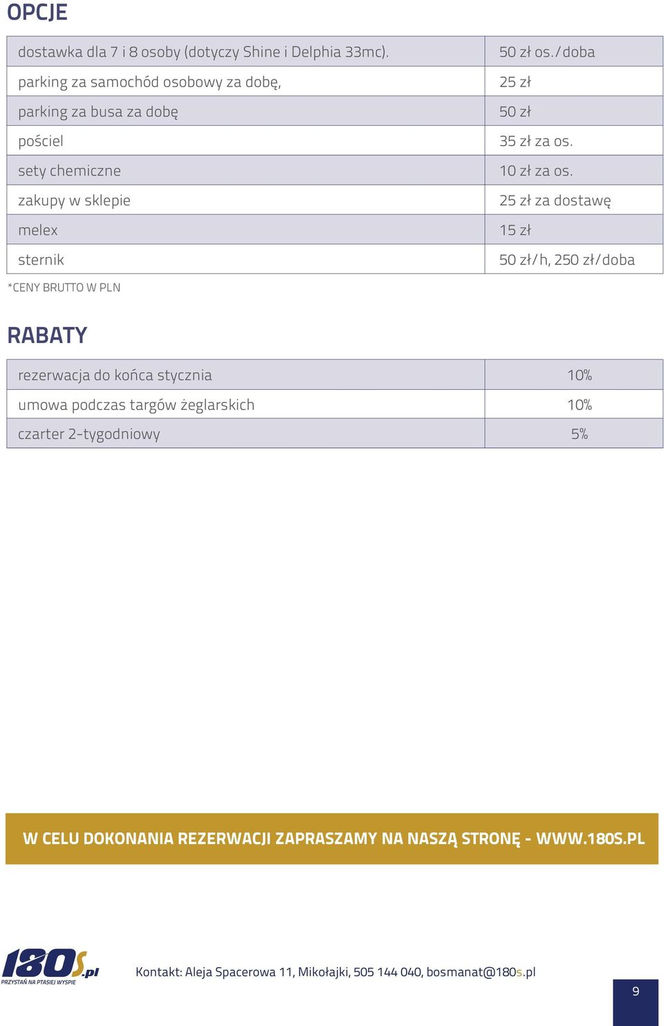 50 zł os./doba 25 zł 50 zł 35 zł za os. 10 zł za os.