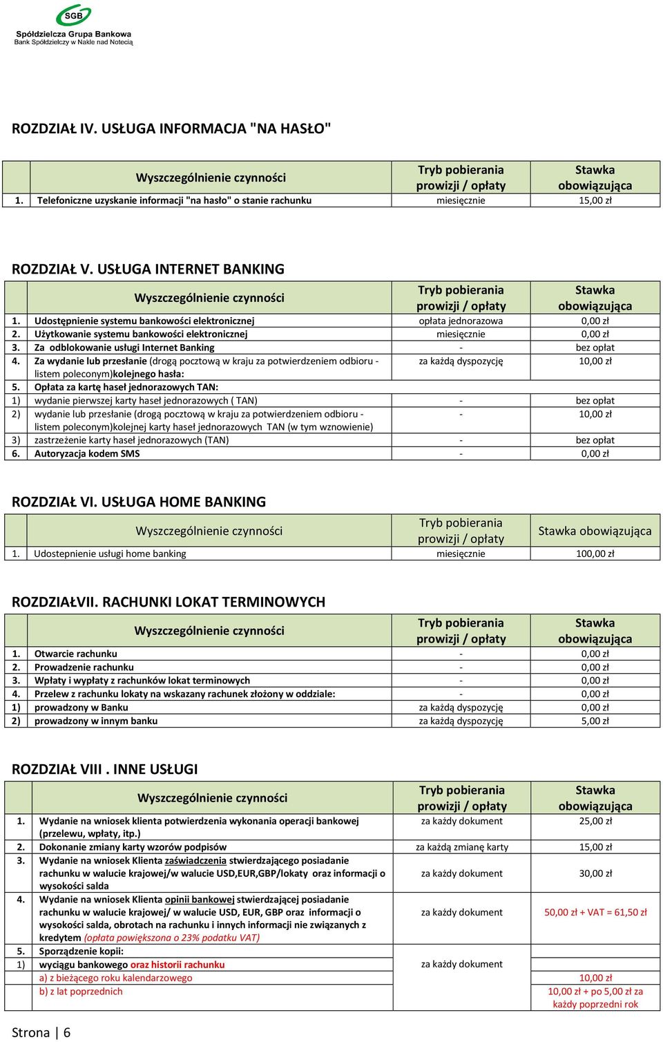 Za odblokowanie usługi Internet Banking - bez opłat 4. Za wydanie lub przesłanie (drogą pocztową w kraju za potwierdzeniem odbioru - za każdą dyspozycję 10,00 zł listem poleconym)kolejnego hasła: 5.