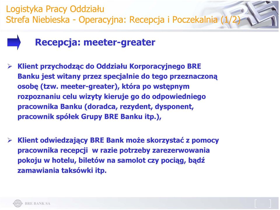 meeter-greater), która po wstępnym rozpoznaniu celu wizyty kieruje go do odpowiedniego pracownika Banku (doradca, rezydent, dysponent, pracownik