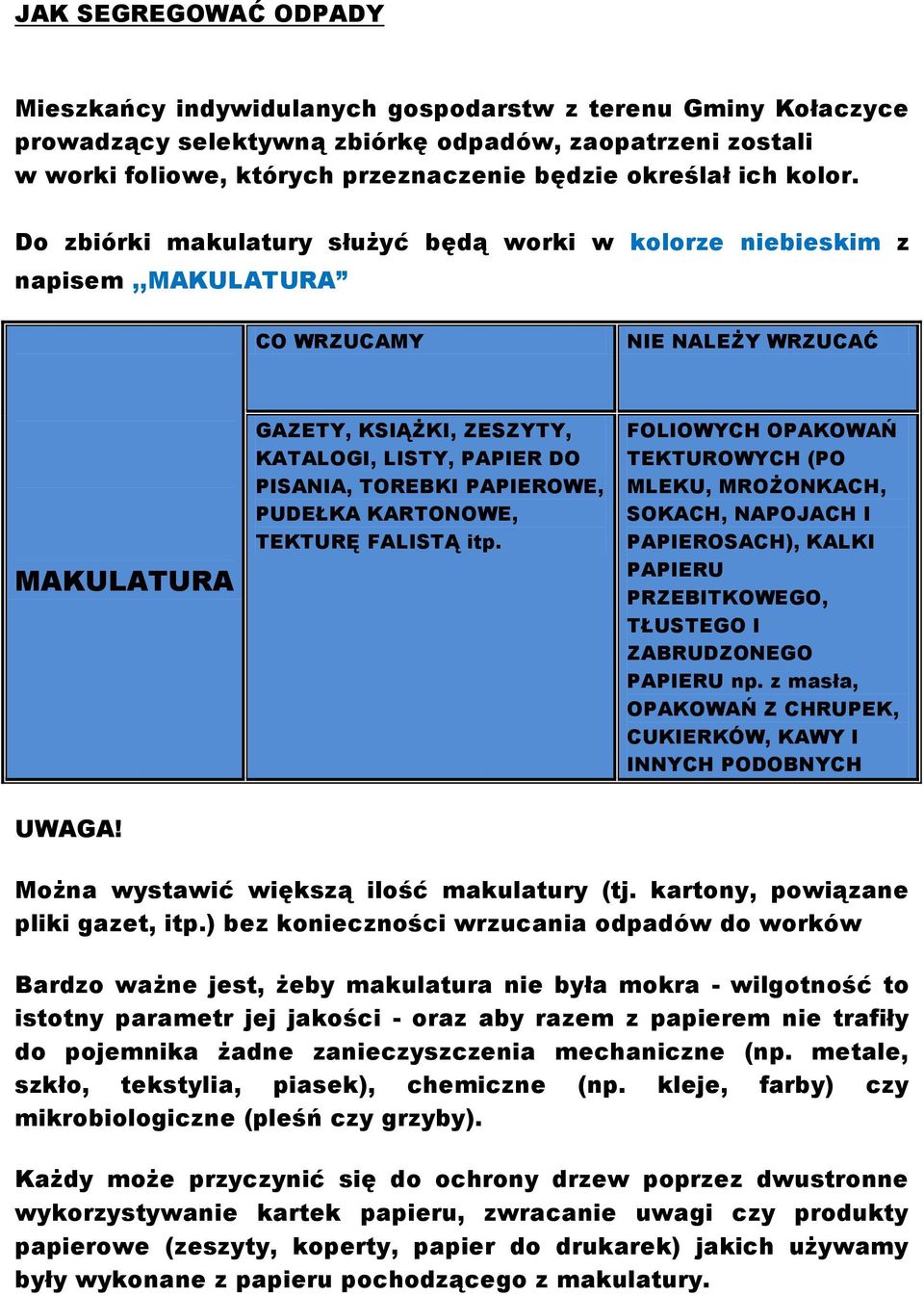 Do zbiórki makulatury służyć będą worki w kolorze niebieskim z napisem,,makulatura MAKULATURA GAZETY, KSIĄŻKI, ZESZYTY, KATALOGI, LISTY, PAPIER DO PISANIA, TOREBKI PAPIEROWE, PUDEŁKA KARTONOWE,