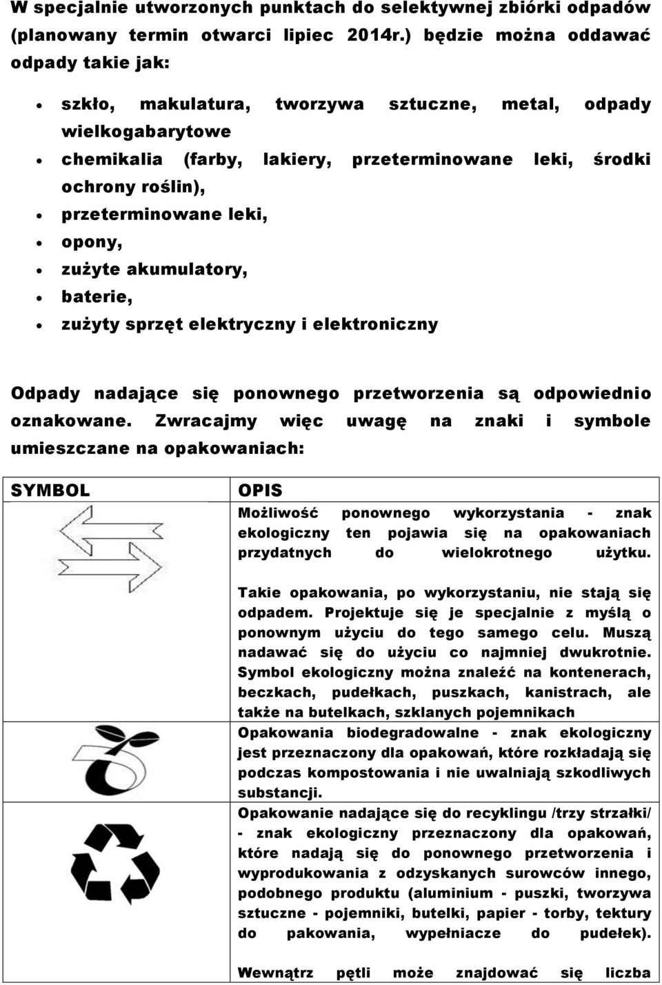 leki, opony, zużyte akumulatory, baterie, zużyty sprzęt elektryczny i elektroniczny Odpady nadające się ponownego przetworzenia są odpowiednio oznakowane.