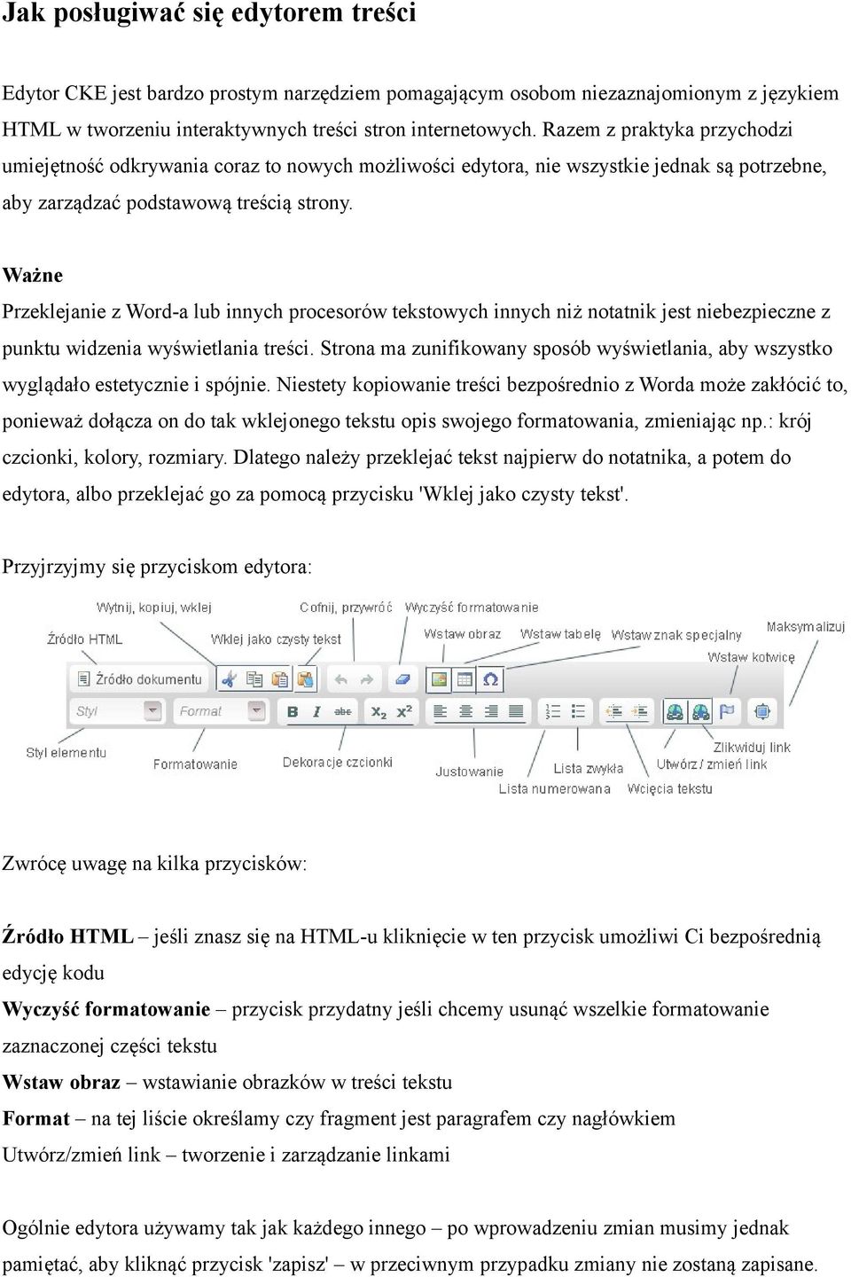 Ważne Przeklejanie z Word-a lub innych procesorów tekstowych innych niż notatnik jest niebezpieczne z punktu widzenia wyświetlania treści.