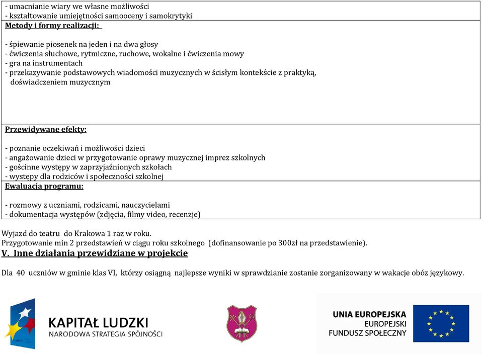 oczekiwań i możliwości dzieci - angażowanie dzieci w przygotowanie oprawy muzycznej imprez szkolnych - gościnne występy w zaprzyjaźnionych szkołach - występy dla rodziców i społeczności szkolnej