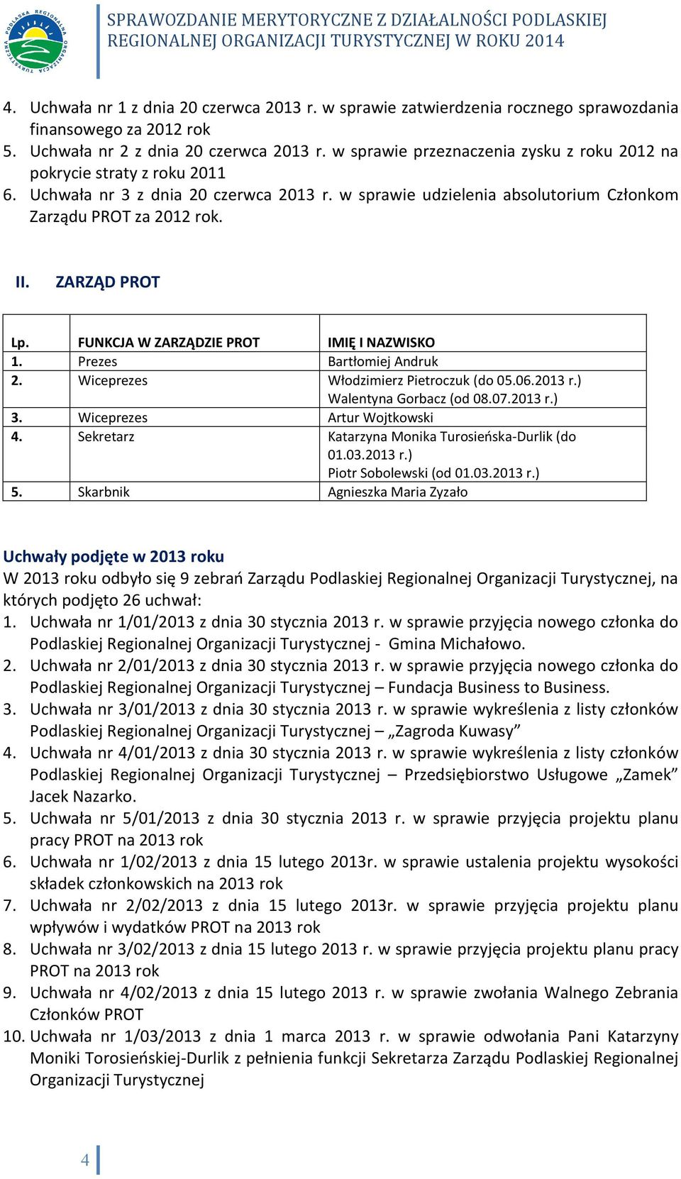 ZARZĄD PROT Lp. FUNKCJA W ZARZĄDZIE PROT IMIĘ I NAZWISKO 1. Prezes Bartłomiej Andruk 2. Wiceprezes Włodzimierz Pietroczuk (do 05.06.2013 r.) Walentyna Gorbacz (od 08.07.2013 r.) 3.