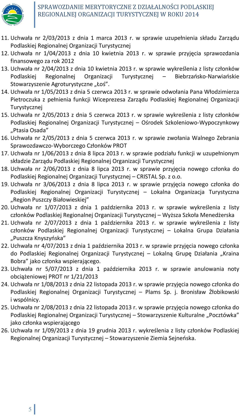 w sprawie wykreślenia z listy członków Podlaskiej Regionalnej Organizacji Turystycznej Biebrzańsko-Narwiańskie Stowarzyszenie Agroturystyczne Łoś. 14. Uchwała nr 1/05/2013 z dnia 5 czerwca 2013 r.