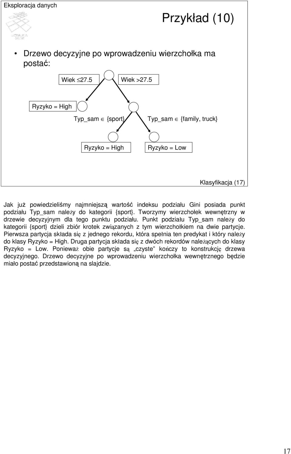 należy do kategorii {sport}. Tworzymy wierzchołek wewnętrzny w drzewie decyzyjnym dla tego punktu podziału.
