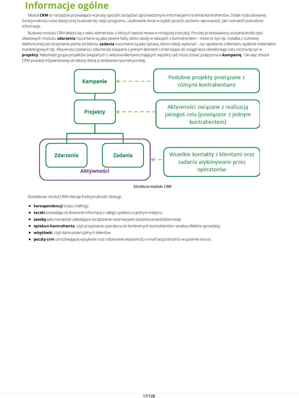 Budowa modułu CRM składa się z wielu elementów, o których będzie mowa w niniejszej instrukcji. Poniżej przedstawiony zostanie krótki opis składowych modułu.