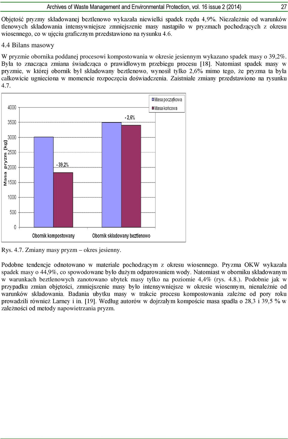 6. 4.4 Bilans masowy W pryzmie obornika poddanej procesowi kompostowania w okresie jesiennym wykazano spadek masy o 39,2%. Była to znacząca zmiana świadcząca o prawidłowym przebiegu procesu [18].
