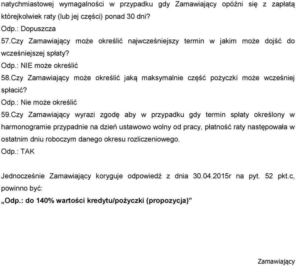 Czy Zamawiający może określić jaką maksymalnie część pożyczki może wcześniej spłacić? Odp.: Nie może określić 59.