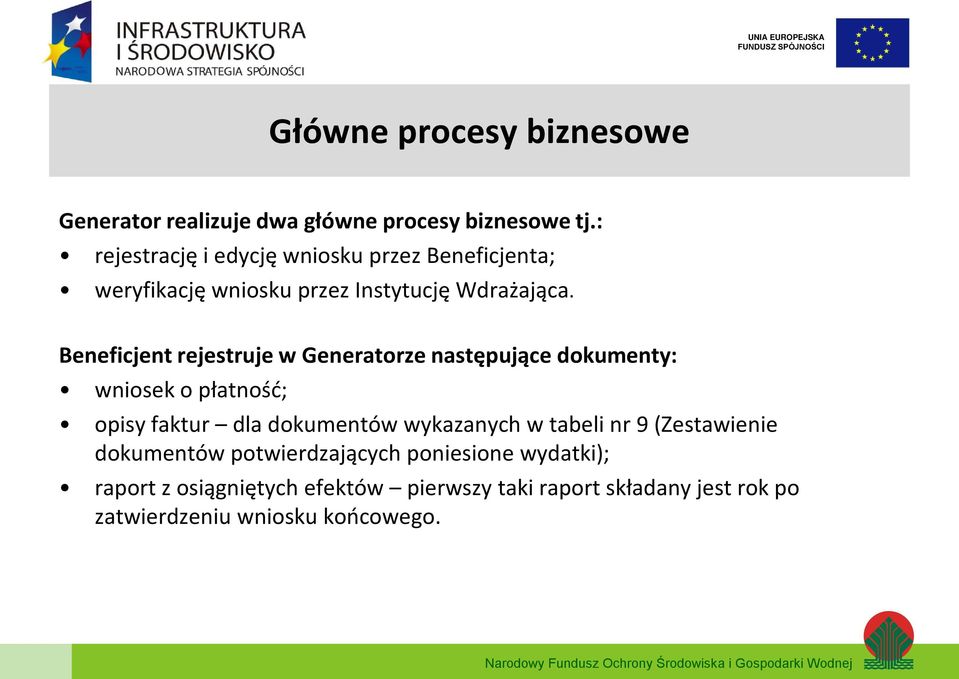 Beneficjent rejestruje w Generatorze następujące dokumenty: wniosek o płatność; opisy faktur dla dokumentów wykazanych