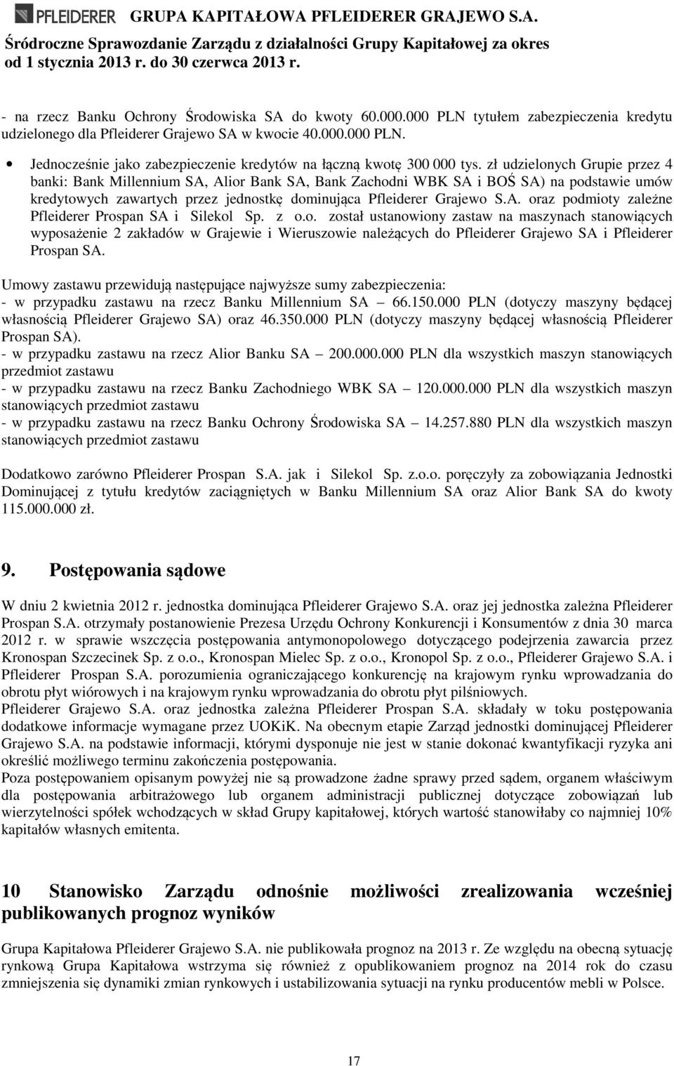 z o.o. został ustanowiony zastaw na maszynach stanowiących wyposażenie 2 zakładów w Grajewie i Wieruszowie należących do Pfleiderer Grajewo SA i Pfleiderer Prospan SA.