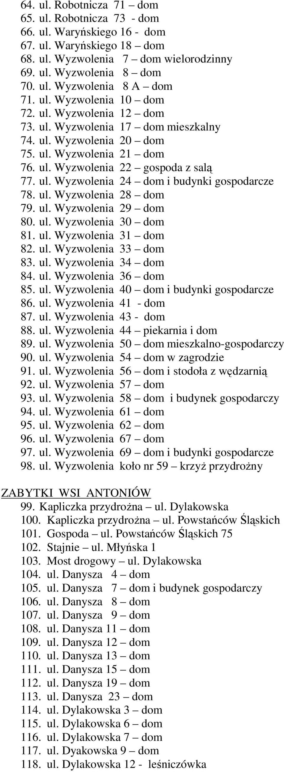 ul. Wyzwolenia 28 dom 79. ul. Wyzwolenia 29 dom 80. ul. Wyzwolenia 30 dom 81. ul. Wyzwolenia 31 dom 82. ul. Wyzwolenia 33 dom 83. ul. Wyzwolenia 34 dom 84. ul. Wyzwolenia 36 dom 85. ul. Wyzwolenia 40 dom i budynki gospodarcze 86.