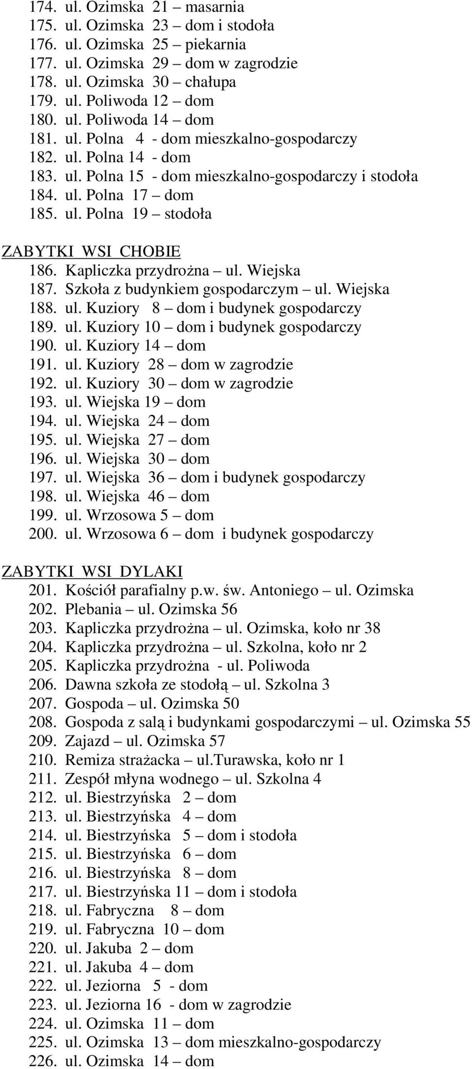 Kapliczka przydrożna ul. Wiejska 187. Szkoła z budynkiem gospodarczym ul. Wiejska 188. ul. Kuziory 8 dom i budynek gospodarczy 189. ul. Kuziory 10 dom i budynek gospodarczy 190. ul. Kuziory 14 dom 191.