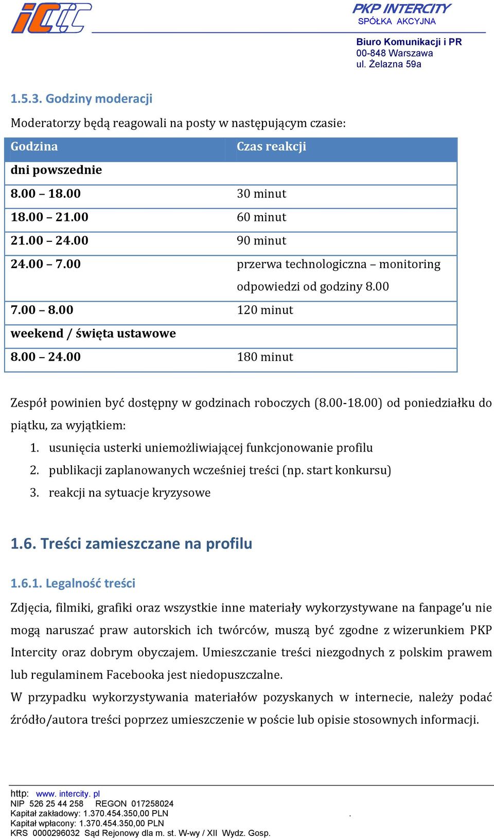 00) od poniedziałku do piątku, za wyjątkiem: 1. usunięcia usterki uniemożliwiającej funkcjonowanie profilu 2. publikacji zaplanowanych wcześniej treści (np. start konkursu) 3.