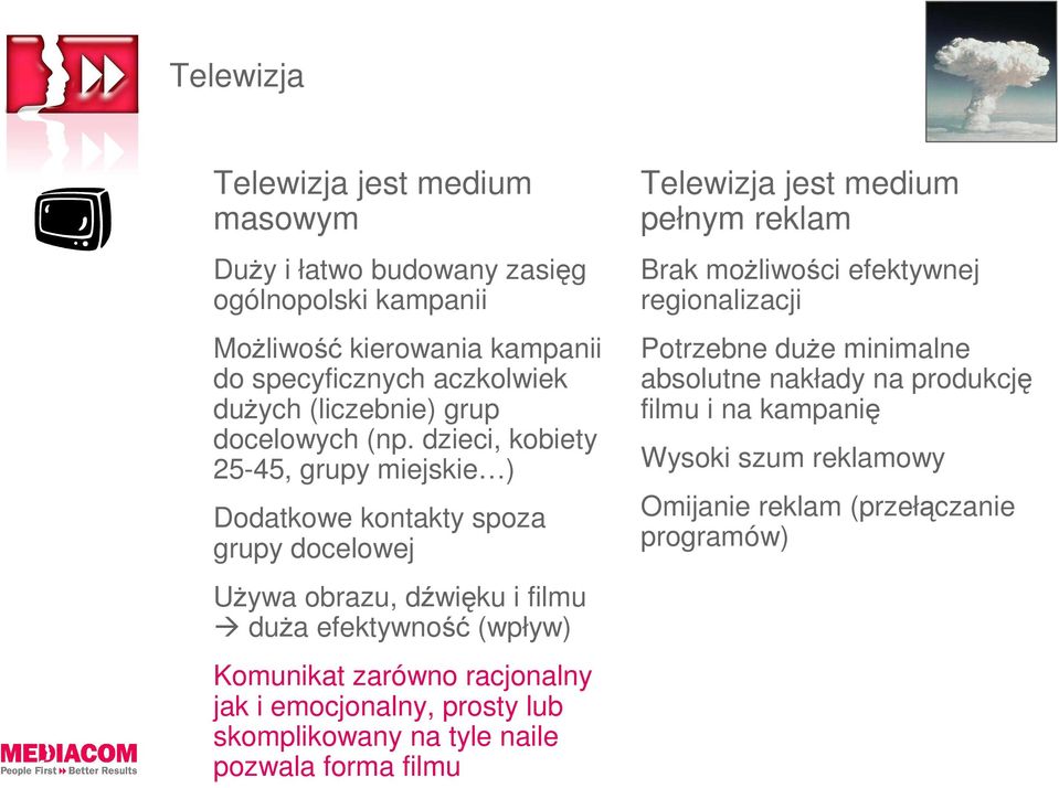 dzieci, kobiety 25-45, grupy miejskie ) Dodatkowe kontakty spoza grupy docelowej UŜywa obrazu, dźwięku i filmu duŝa efektywność (wpływ) Komunikat zarówno