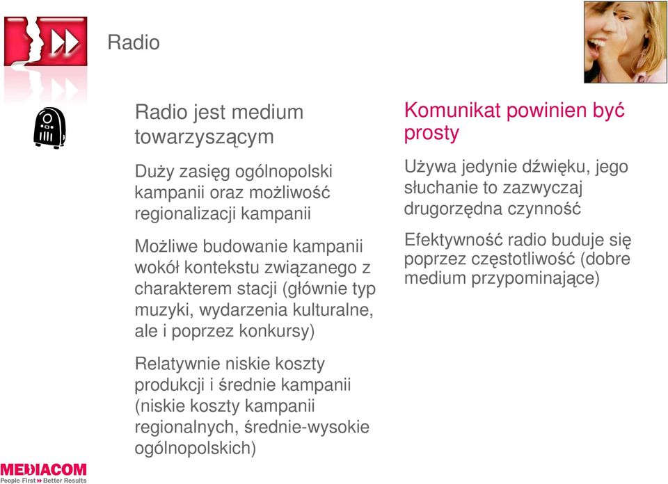 prosty UŜywa jedynie dźwięku, jego słuchanie to zazwyczaj drugorzędna czynność Efektywność radio buduje się poprzez częstotliwość (dobre