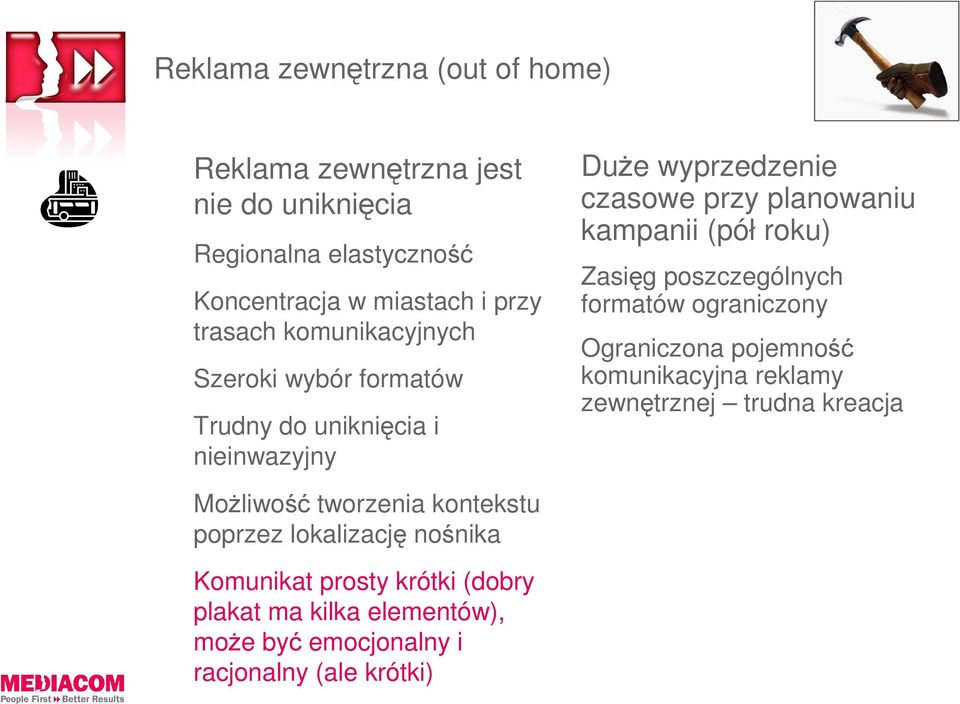 Zasięg poszczególnych formatów ograniczony Ograniczona pojemność komunikacyjna reklamy zewnętrznej trudna kreacja MoŜliwość tworzenia