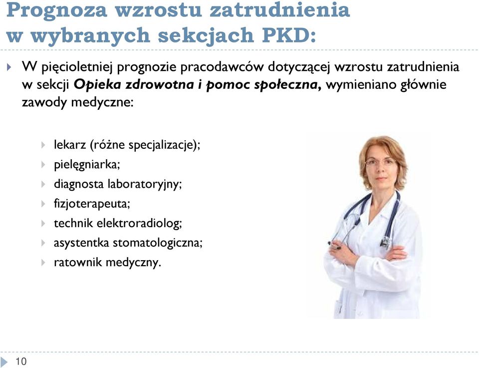 wymieniano głównie zawody medyczne: lekarz (różne specjalizacje); pielęgniarka; diagnosta