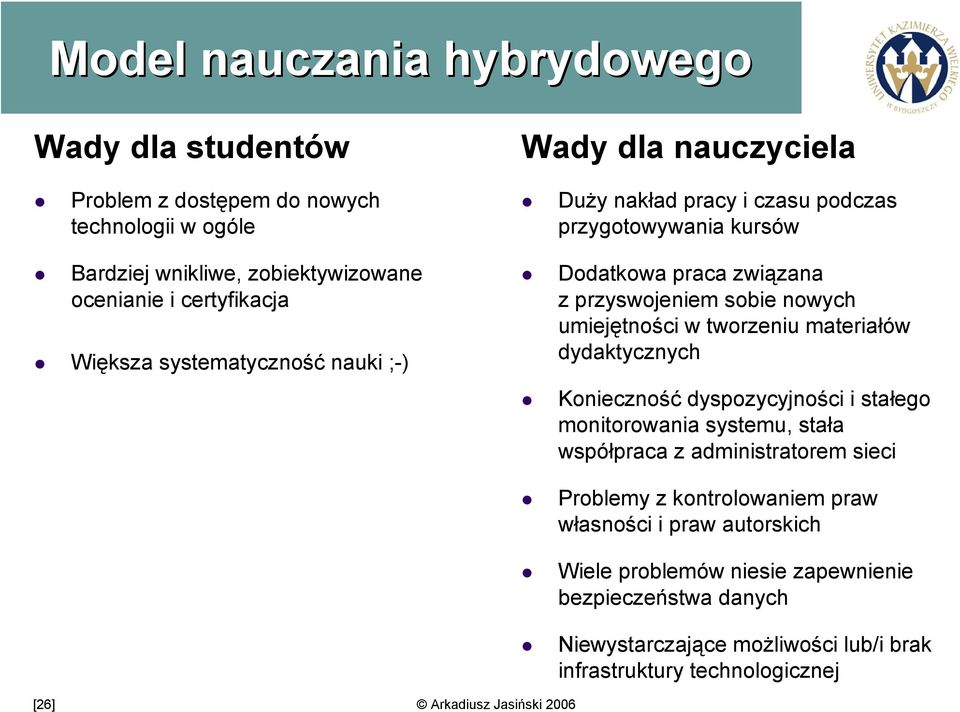 umiejętności w tworzeniu materiałów dydaktycznych Konieczność dyspozycyjności i stałego monitorowania systemu, stała współpraca z administratorem sieci Problemy z