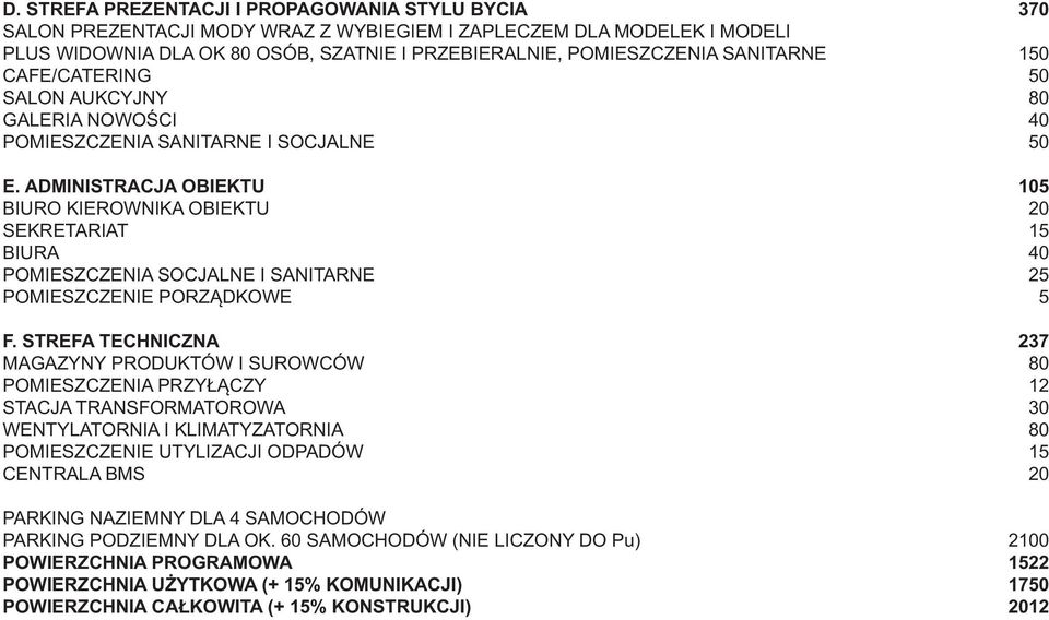 ADMINISTRACJA OBIEKTU 105 BIURO KIEROWNIKA OBIEKTU 20 SEKRETARIAT 15 BIURA 40 POMIESZCZENIA SOCJALNE I SANITARNE 25 POMIESZCZENIE PORZĄDKOWE 5 F.