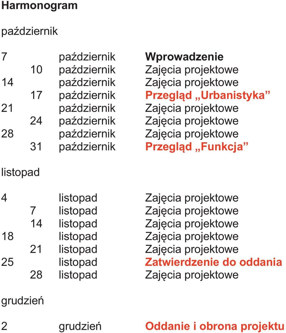 Przegląd Funkcja listopad 4 listopad Zajęcia projektowe 7 listopad Zajęcia projektowe 14 listopad Zajęcia projektowe 18 listopad Zajęcia