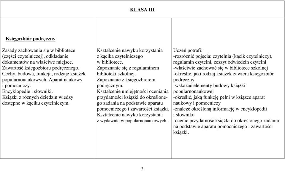 Kształcenie nawyku korzystania z kącika czytelniczego w bibliotece. Zapoznanie się z regulaminem biblioteki szkolnej. Zapoznanie z księgozbiorem podręcznym.