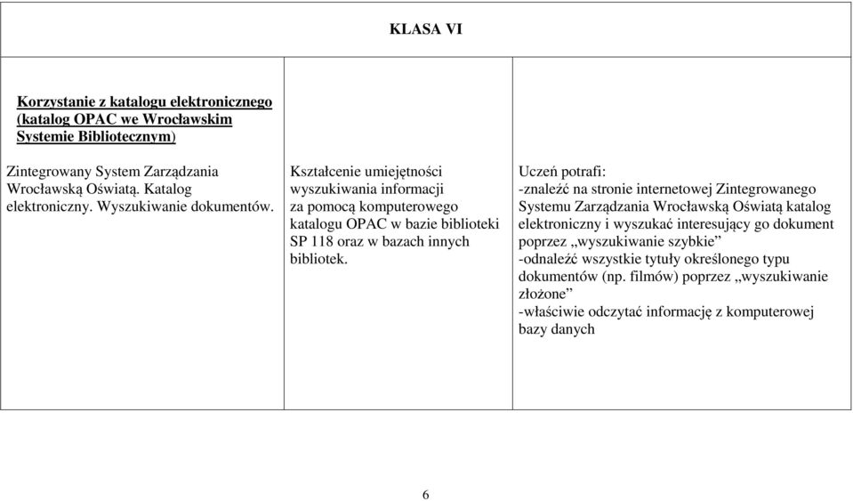 wyszukiwania informacji za pomocą komputerowego katalogu OPAC w bazie biblioteki SP 118 oraz w bazach innych bibliotek.