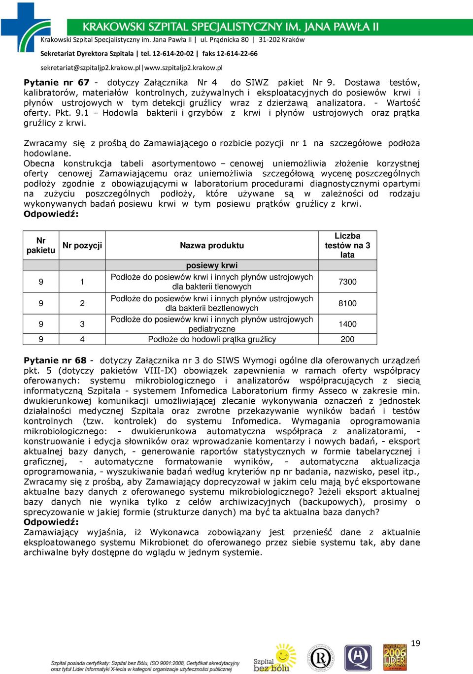 9.1 Hodowla bakterii i grzybów z krwi i płynów ustrojowych oraz prątka gruźlicy z krwi. Zwracamy się z prośbą do Zamawiającego o rozbicie pozycji nr 1 na szczegółowe podłoŝa hodowlane.