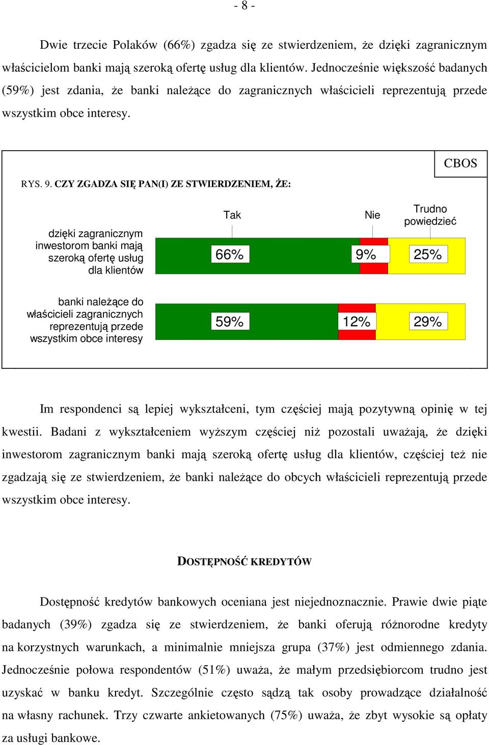 CZY ZGADZA SIĘ PAN(I) ZE STWIERDZENIEM, ŻE: dzięki zagranicznym inwestorom banki mają szeroką ofertę usług dla klientów Tak 66% Nie 9% Trudno powiedzieć 25% banki należące do właścicieli