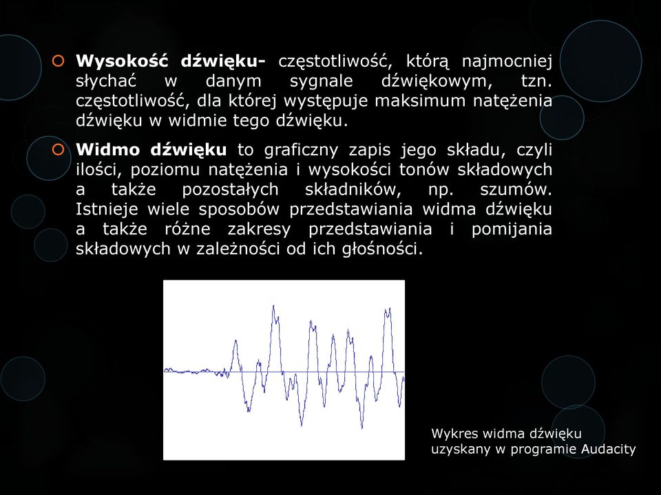 Widmo dźwięku to graficzny zapis jego składu, czyli ilości, poziomu natężenia i wysokości tonów składowych a także pozostałych