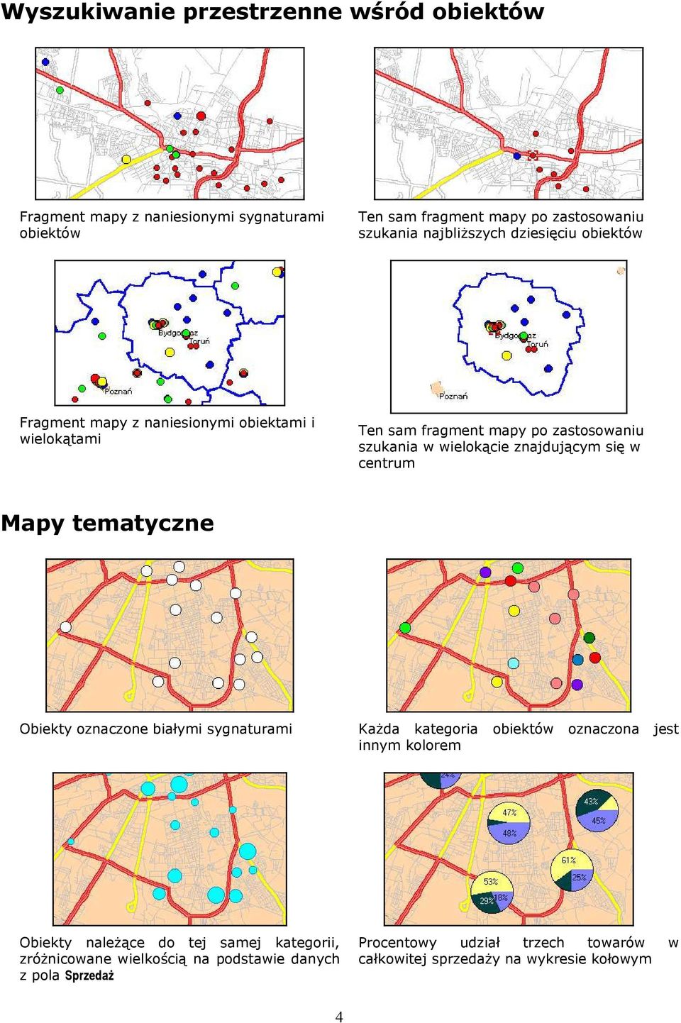 znajdującym się w centrum Mapy tematyczne Obiekty oznaczone białymi sygnaturami Każda kategoria innym kolorem Obiekty należące do tej samej