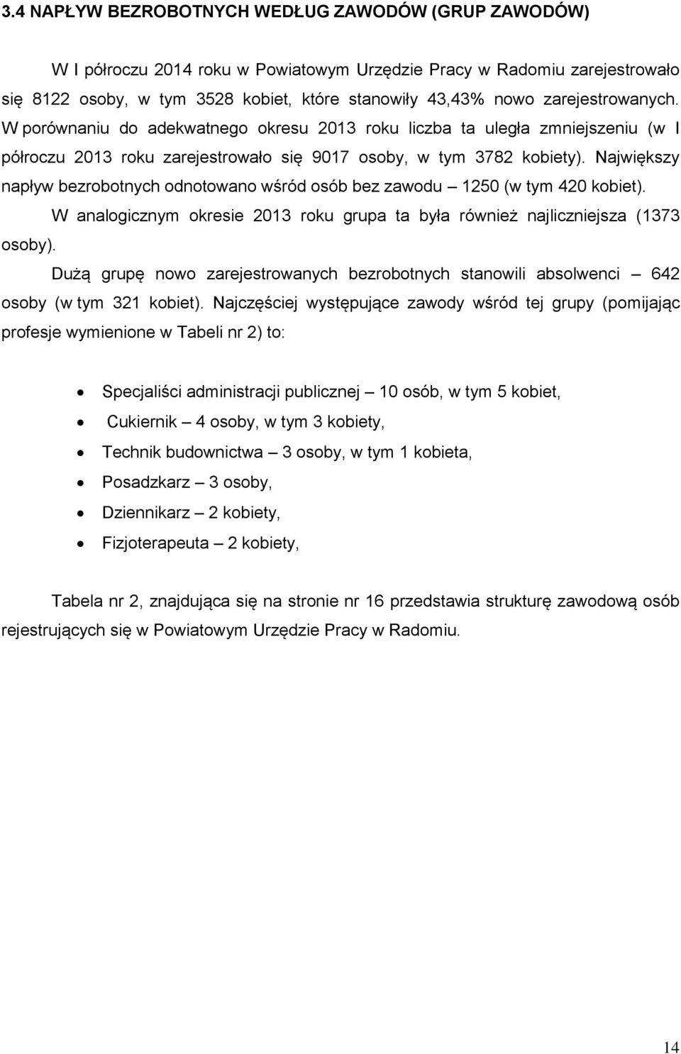 Największy napływ bezrobotnych odnotowano wśród osób bez zawodu 1250 (w tym 420 kobiet). W analogicznym okresie 2013 roku grupa ta była również najliczniejsza (1373 osoby).