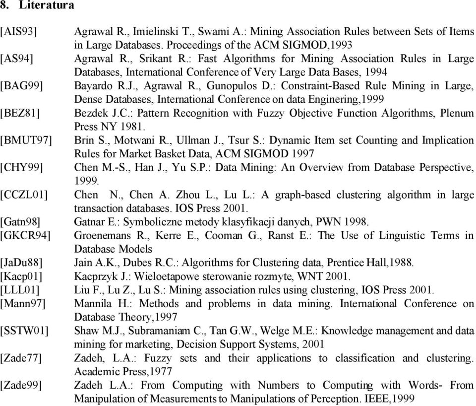 : Constraint-Based Rule Mining in Large, Dense Databases, International Conference on data Enginering,1999 [BEZ81] Bezdek J.C.: Pattern Recognition with Fuzzy Objective Function Algorithms, Plenum Press NY 1981.